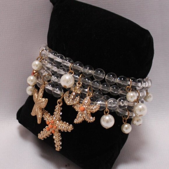 Starfish Four-strand Clear Bead and Faux Pearl Stretch Bracelet - Picture 2 of 7